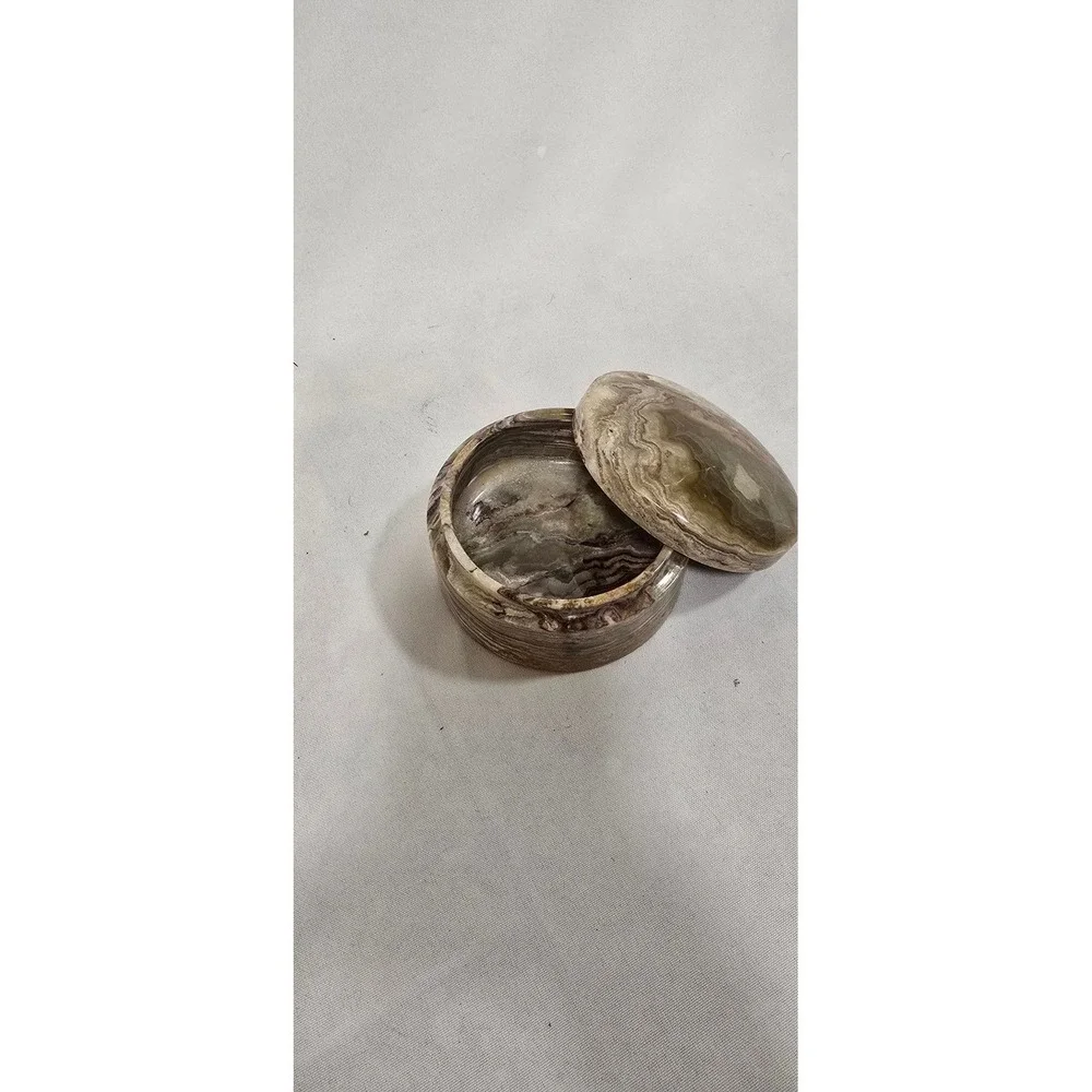 Vtg hand carved marbled‎ stone cylindrical lidded trinket vanity box earthy boho